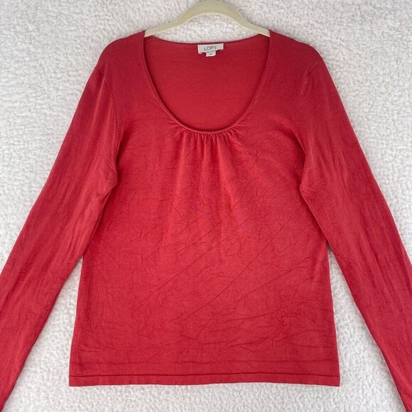 Ann Taylor LOFT Orange Long Sleeve Scoop Neck Shirt Womens Stretch Size Large - Picture 2 of 15